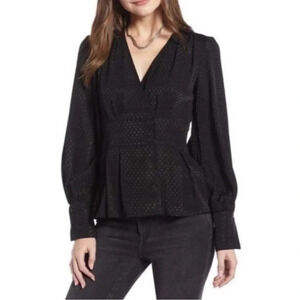 Something Navy Black Jacquard Dot Long Sleeve Blouse Size Medium